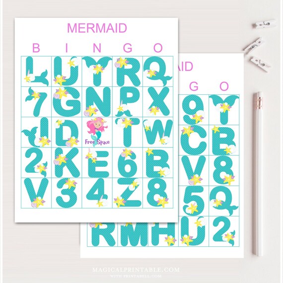 100 Mermaid Bingo Cards, Printable Mermaid Birthday bingo, Birthday Girl Party Game, Fun birthday games, bingo game for birthday, bs701 Il_570xn