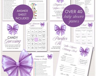 Purple Bow Baby Shower Games Package, Purple Coquette Baby Shower, Coquette Baby Shower, Download, Bebe Baby Shower Games, Ciao Baby, TLC823