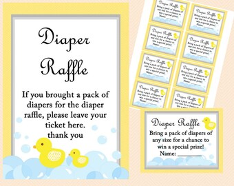 Diaper raffle tickets, Diaper raffle inserts, diaper raffle cards, Duck Theme, Rubber Duck Baby Shower Game Printables, Gender Neutral TLC35