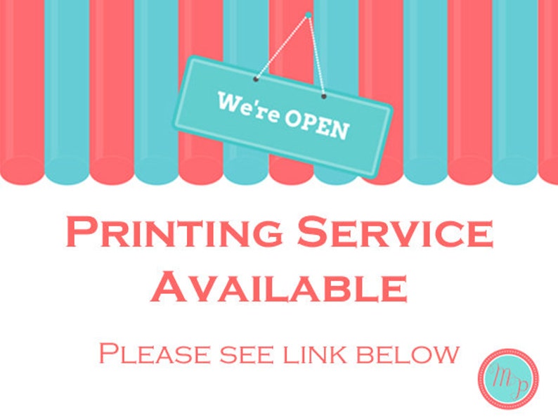 May include: A turquoise and red striped awning with a sign that reads "We're OPEN". The text below the awning reads "PRINTING SERVICE AVAILABLE PLEASE SEE LINK BELOW".