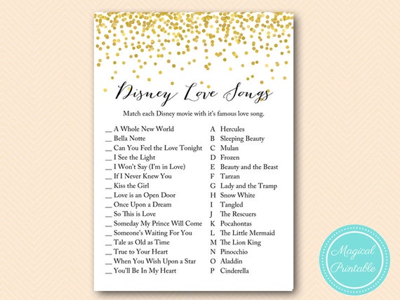 Famous Love Song Match Game, Match Movie to famous Love songs, Gold Confetti Bridal Shower Game, Gold Bachelorette, Wedding Shower BS46 MP Il_570xn