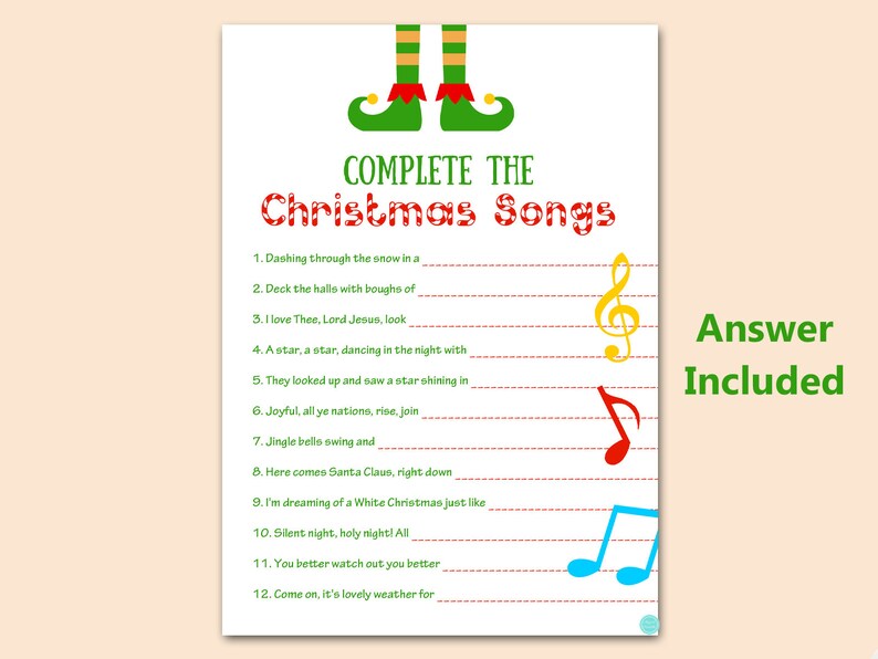 Christmas Song Game, Finish The Christmas Song, Christmas Family Game, Christmas Party Games, Holiday Party Printable, Download TLC659 image 1