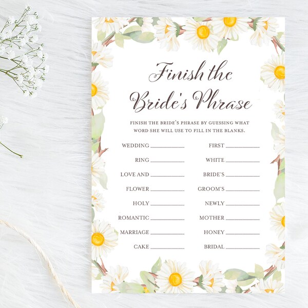 Finish the bride's phrase, finish the phrase game, Daisy bridal shower, Daisy theme, Spring bridal shower game, daisy wedding shower, BS691