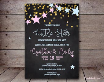 DIY 5x7" Editable Invitation, Twinkle Twinkle Gender Reveal Invitation, How I wonder what you are, gender reveal party invitation TLC46 ZZ09