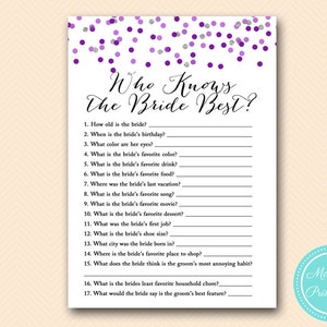 Who knows the Bride Best Game Printable, Purple and Silver Bridal Shower Game Printable, Bachelorette, Wedding Shower BS426