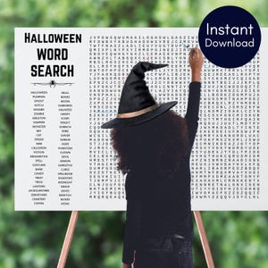 May include: A Halloween-themed word search puzzle with a black witch hat and the words "Instant Download" in a white circle. The puzzle includes Halloween-related words like "pumpkin" and "zombie".
