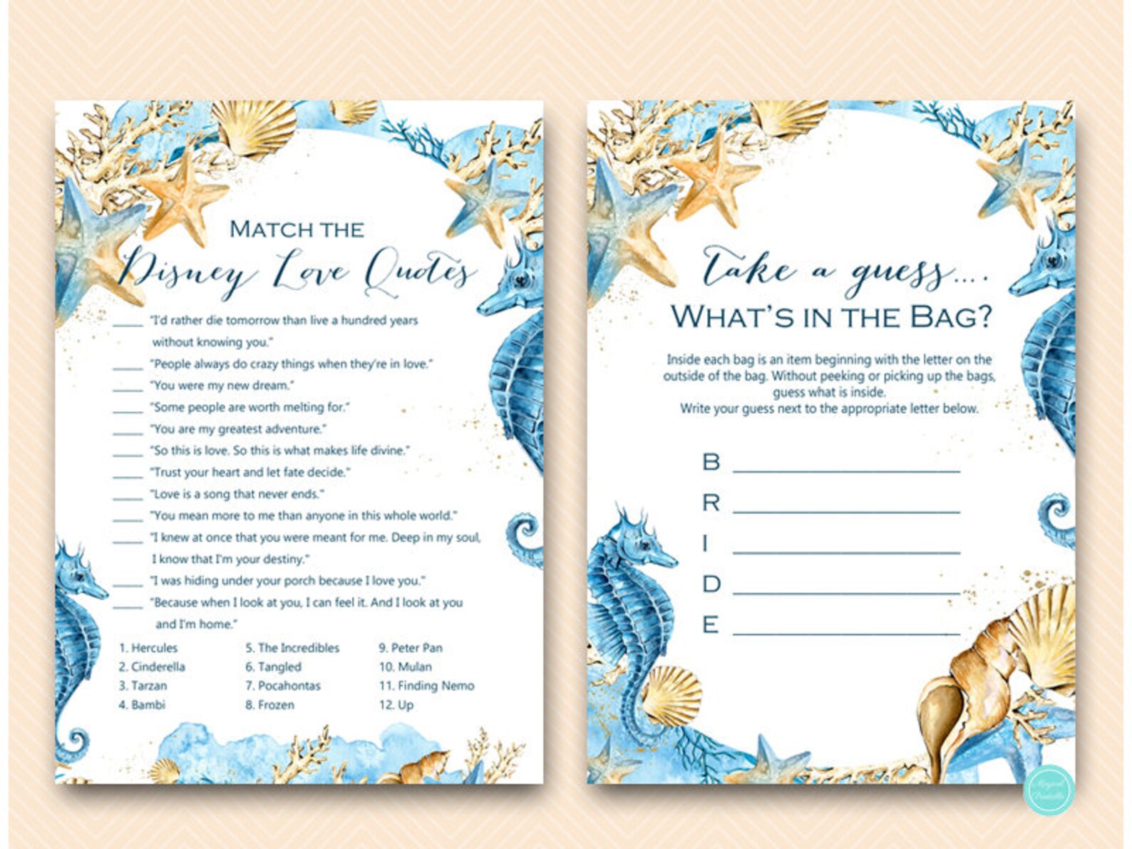 Beach Themed Bridal Shower Games Package Instant Download Etsy