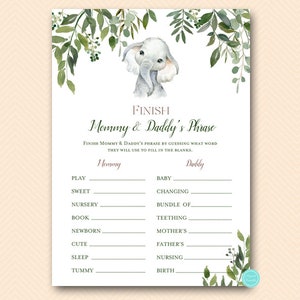 Finish Mommy and Daddys Phrase, Finish the phrase, little peanut baby shower, greenery elephant baby shower game, safari elephant, TLC663
