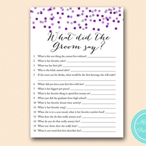 Purple Silver Confetti What did the Groom Say, What did he say about her, Newlywed Game, Bridal Shower, Bachelorette, Wedding Shower BS426