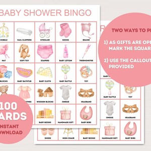 Girl Baby Shower Bingo Cards, Prefilled Baby Bingo Game Cards, Baby Gift Bingo Cards, Baby Shower Bingo Game, Baby Girl Baby Bingo, bs701