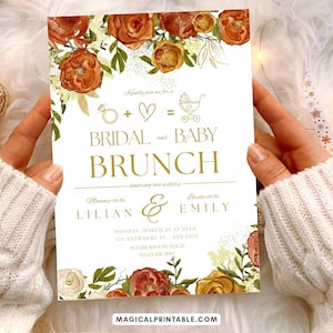 Puede incluir: Una tarjeta de invitación rectangular para un brunch de novia y bebé con ilustraciones en acuarela de flores naranjas, rojas y blancas. El texto dice: Bridal and Baby Brunch, en honor a las dos hermanas Lilian y Emily, lunes 25 de marzo.