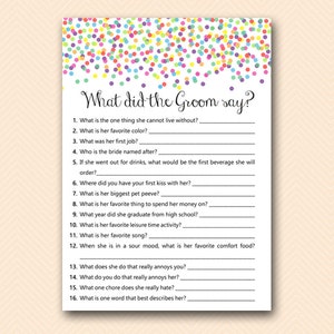 What did the Groom Say, What did he say about her, Newlywed Game, Sprinkle Bridal Shower, Confetti Bridal Shower, Rainbow BS447