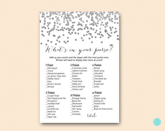 Silver Bridal Shower Games, Bridal Shower Whats in your Purse Game, Purse Raid, Purse Hunt Game, Bridal Shower Game, BS149 TLC149