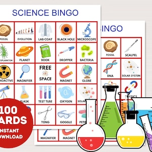 Tarjetas de bingo de ciencias, 100 tarjetas de bingo de ciencias para imprimir, bingo de fiestas científicas, bingo de química, bingo con temática científica, juego de aula de ciencias, bs701