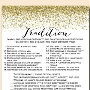 Waarom doen we dat, traditiequiz, afdrukbaar spel voor bruidsdouches, gouden glitter bruidsdouche, confetti, vrijgezellenfeest, huwelijksdouche BS88
