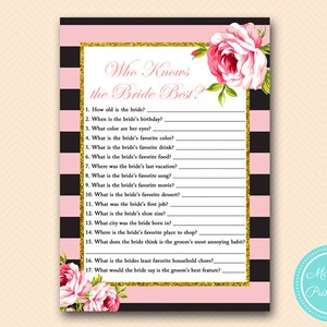 How well do you know Bride Groom, Pink and Gold Chic Bridal Shower Games, Unique Games, Bachelorette Games, Wedding Shower Games BS419