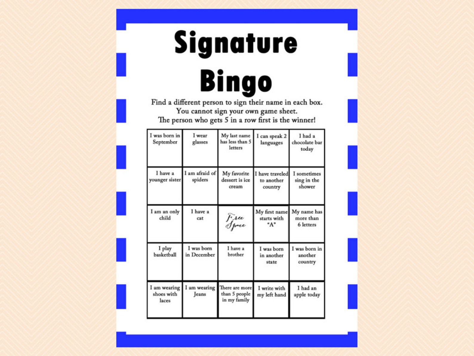 Blue Bingo Birthday Bingo Unique Bingo Signature Bingo Etsy