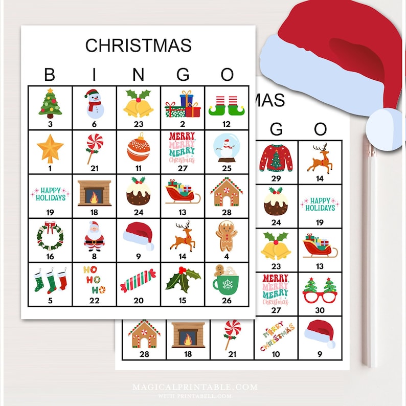 May include: A printable Christmas bingo card with images of Christmas decorations, including a Christmas tree, Santa Claus, a gingerbread house, a snowman, and a stocking. The card has the words "Christmas Bingo" at the top.