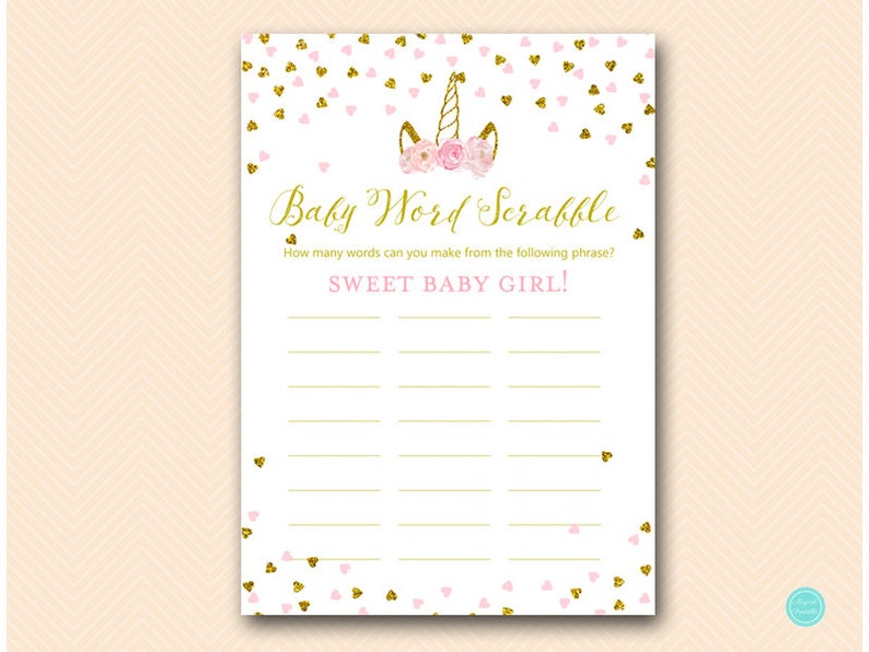 Pink And Gold Unicorn Baby Shower Scrabble Game Baby Word Etsy
