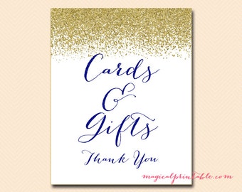 May include: A white sign with gold glitter at the top and the text "Cards & Gifts Thank You" in navy blue cursive writing. The bottom of the sign has the website "magicalprintable.com" in black text.
