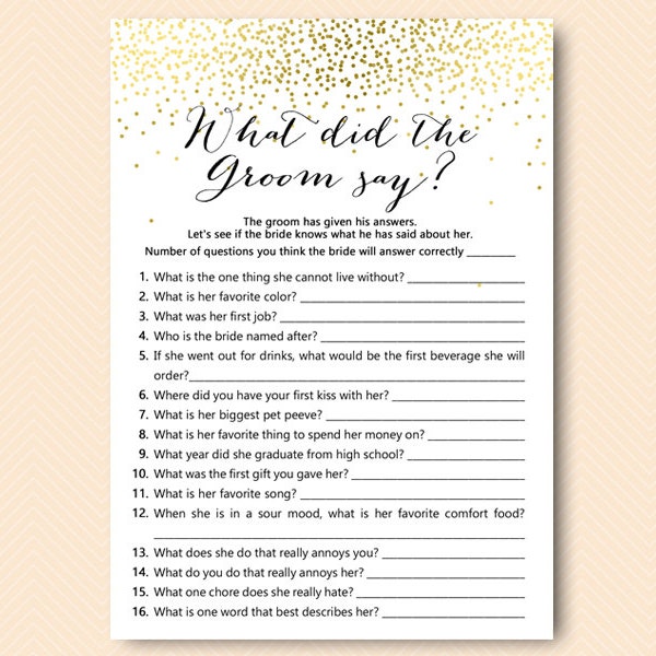 Gold Bridal Shower Games, What did the Groom Say, What did he say about her, Newlywed Game, Bridal Shower Game, Games Download BS472B dd