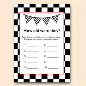 Racing How old were they, Guess the age of the Parents to be game, Coed Baby Shower Game Printable,  couple Baby Shower game TLC113 db