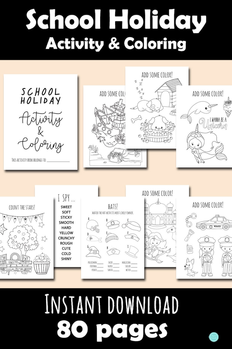 80 Pages School Holiday Coloring and Activities book Pages, Instant Download File, Holiday Fun Book, Summer Holiday Coloring Book BP669n image 3