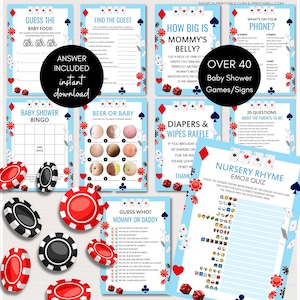 May include: A collection of baby shower games and signs with a casino theme. The games include bingo, emoji quizzes, and guessing games. The signs are light blue with red and black accents, and include the text "Over 40 Baby Shower Games/Signs."