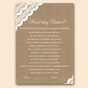 Burlap Lace Would they rather bridal shower game, Who knows the Bride and Groom Best, Bridal Shower Game, Bridal Shower Games Download BS34