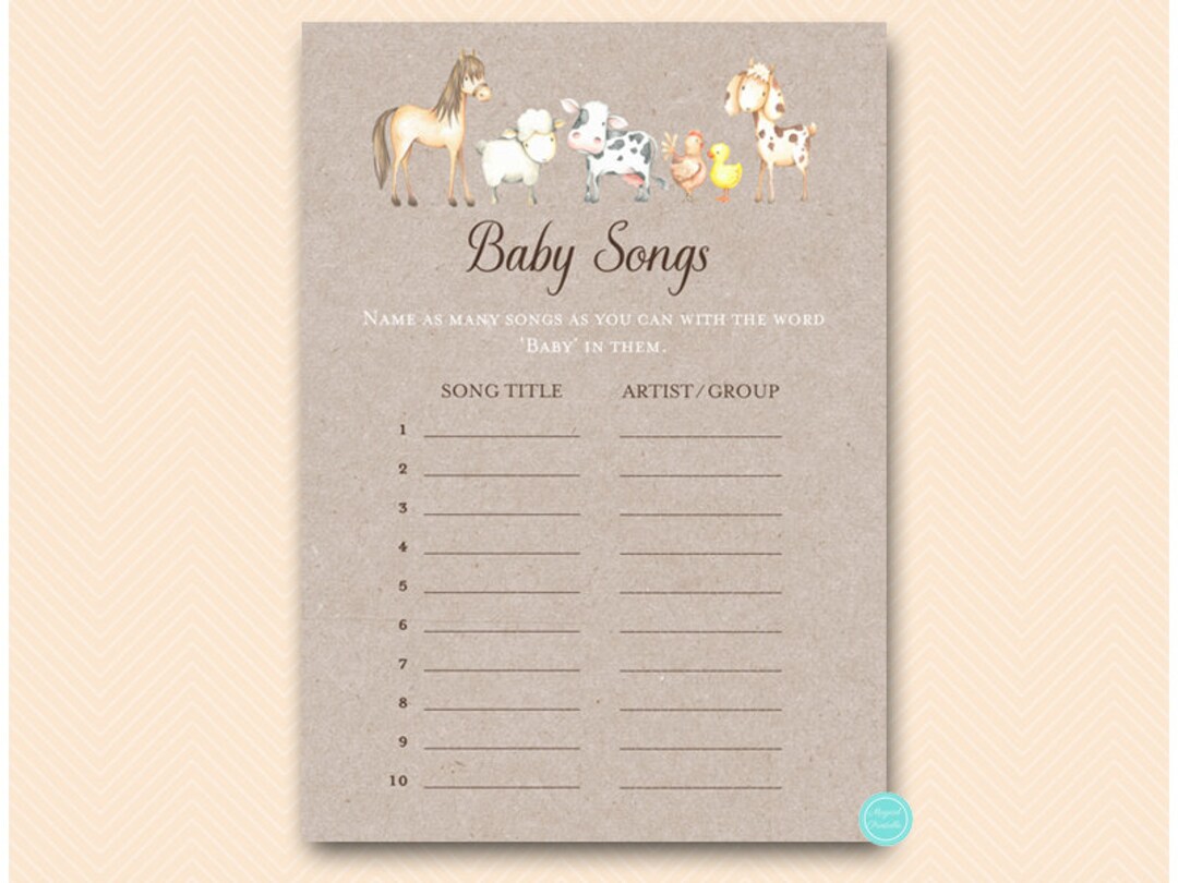 Farm Animals Baby Name Songs Name That Song Baby Shower Game - Etsy