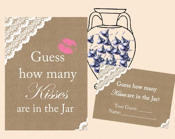 guess how many kisses, how many candy in jar, chocolate, Burlap, Lace, Rustic Unique Bridal Shower Games, Games, Wedding Shower TLC11 BS34