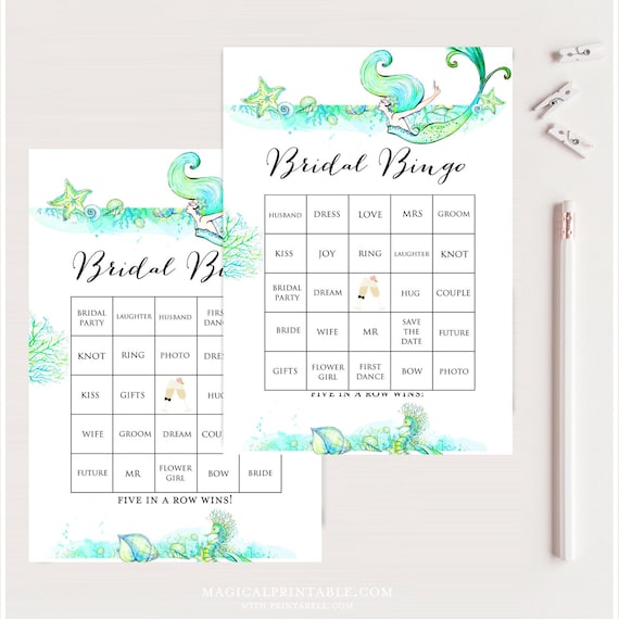 50 Prefilled Bridal Shower Bingo Cards, Bridal Shower Bingo, Instant Download, Printable Bridal Shower Game, Mermaid Bridal Bingo, BS446 Il_570xn