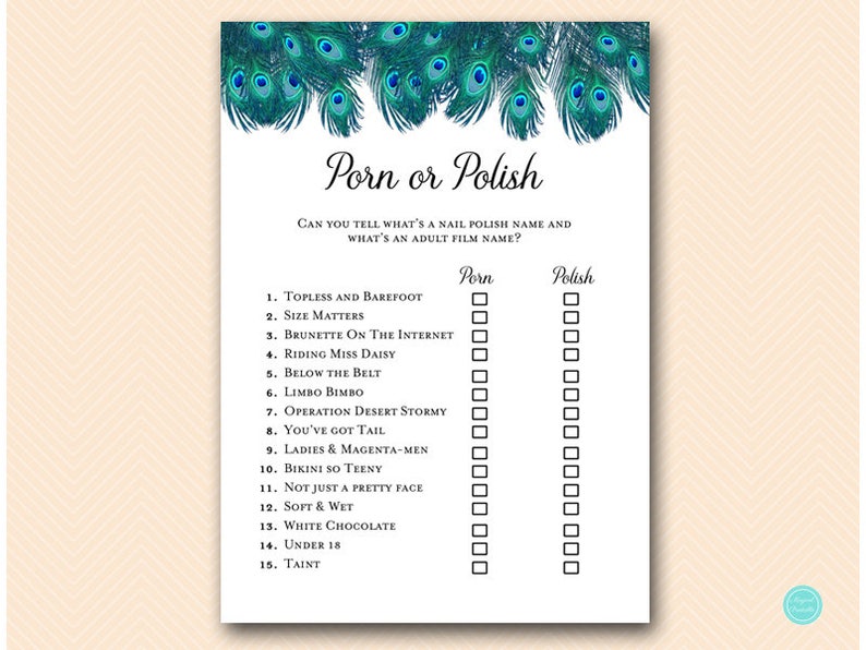 Peacock Bridal Shower Games Package Deal, Download, porn or polish, would they rather, love quote match, movie quote, over or under, BS555 image 4