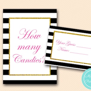 Guess how many candies are in the jar, guess how many, Hot pink bridal shower, Stripes Gold Bridal Shower, Wedding Shower Games BS157