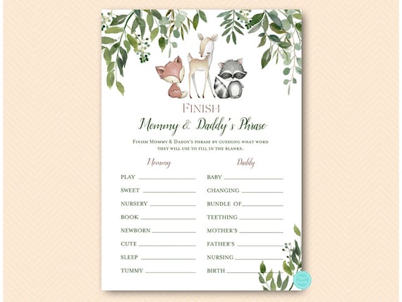 Woodland Baby Shower Games, Finish Mommy and Daddys Phrase, Finish the phrase, Baby Shower Game, greenery woodland, woodland animals TLC653 Il_570xn