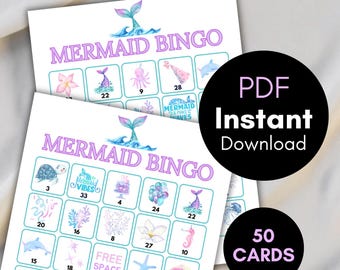 Mermaid Bingo Cards, Printable Mermaid bingo, Mermaid Party Game, Mermaid Birthday Bingo printable, Mermaid Activity, bs701 n4