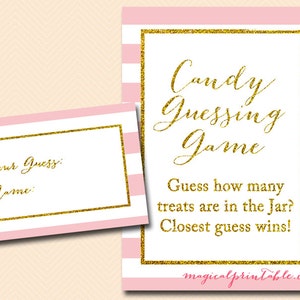 Candy guessing game, how many candies in the jar, Pink stripes and gold baby shower games Printables, download TLC115