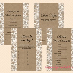 Lace & Burlap Bridal Shower Game, Rustic Bridal Shower Activities, Unique Bridal Shower Games, Bachelorette Games, Wedding Shower Games BS16
