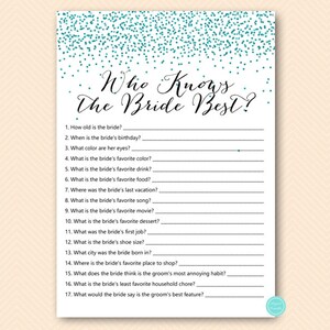 Teal Glitter Bridal Shower Games Package, over or under, who knows bride best, what did groom say, Teal glitter bachelorette, BS472t image 3