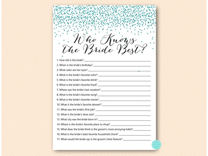 Teal Glitter Bridal Shower Games Package, over or under, who knows bride best, what did groom say, Teal glitter bachelorette, BS472t image 3