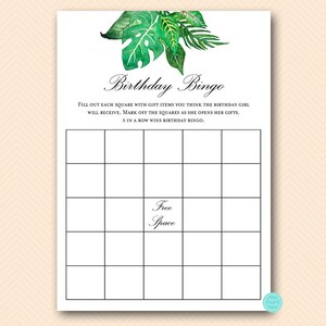 Tropical Jungle Birthday Gift bingo game, Birthday Girl bingo cards, Printable Gold Confetti Birthday Party Game BP641