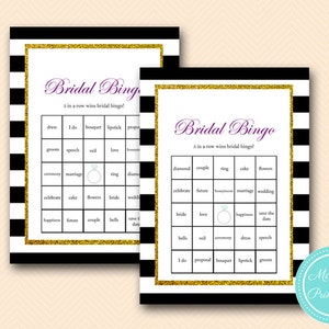 Bridal bingo, prefilled words bingo bridal shower, Purple Bridal Shower Games, Gold Glitter Bridal Shower Games, Wedding Shower Games BS153