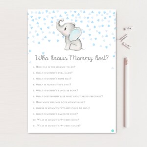 Who knows mommy best, How well do you know mommy,  Boy elephant baby shower, Gray and Blue Elephant Baby Shower Game, Little Peanut, TLC689