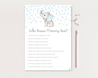 Who knows mommy best, How well do you know mommy,  Boy elephant baby shower, Gray and Blue Elephant Baby Shower Game, Little Peanut, TLC689