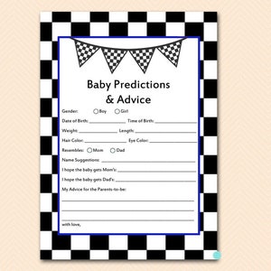 Prédictions et conseils pour bébé, Prédictions pour bébé, Jeu de baby shower de course, Course à damier, Modèles de baby shower de course de voitures bleues TLC113
