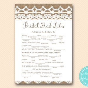 bridal mad libs, Ratschläge für die Braut, Rustikal, Burlap Lace Bridal Shower Game download, Bachelorette, Wedding Shower BS173