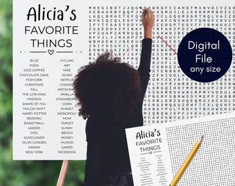 Può includere: Un puzzle di ricerca di parole intitolato "Alicia's Favorite Things" con un elenco di parole come "pizza" e "Netflix". Una matita è appoggiata sul puzzle. Le parole sono nere e il titolo è scritto a mano.