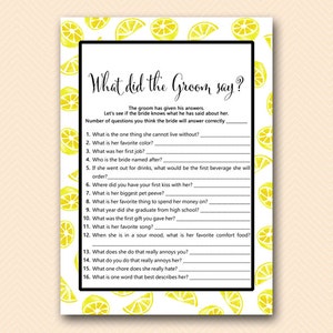 What did the Groom Say, What did he say about her, Newlywed Game, Yellow, Lemon Bridal Shower Game Printable, Summer Bridal Shower BS455