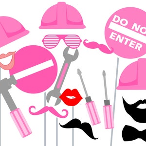 May include: A set of pink and grey photo booth props with a construction theme. The props include a hard hat, a wrench, a hammer, a mustache, a pair of lips, a sign that says "Do Not Enter", and a pair of sunglasses.
