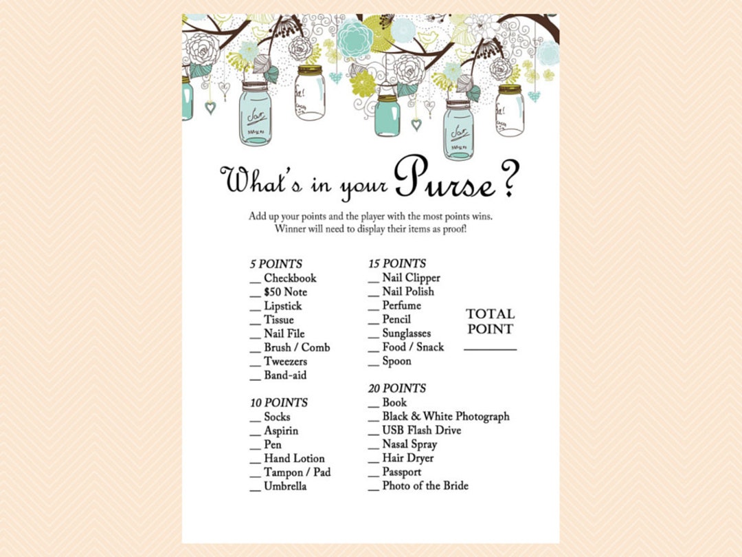 What's in Your Purse, Purse Raid, Purse Game, Mason Jars Bridal Shower